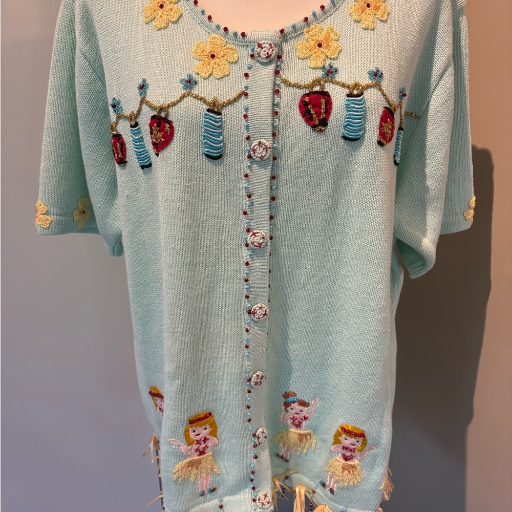 NWT Storybook Knits 2X Lt Blue Luau Hula Girl Embroidered Short Sleeve Cardigan